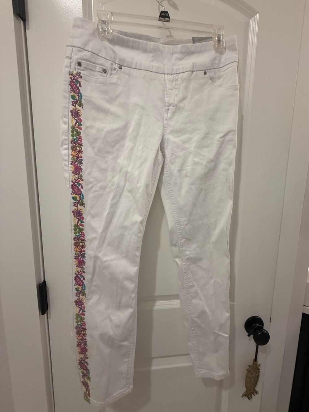 White Embroidered Side-Stripe Jeans
